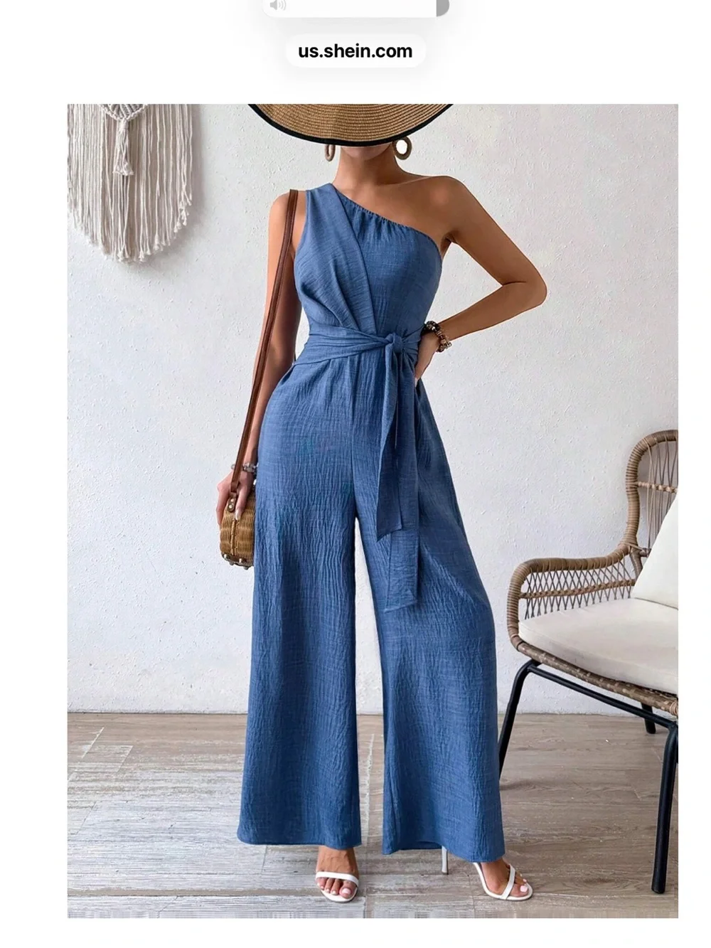 One-Shoulder Blue Textured Jumpsuit with Waist Tie - Picture 1 of 3